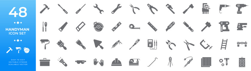 Handyman and construction tools filled icon set featuring essential instruments for repair, building, renovation, and home improvement work illustrations.