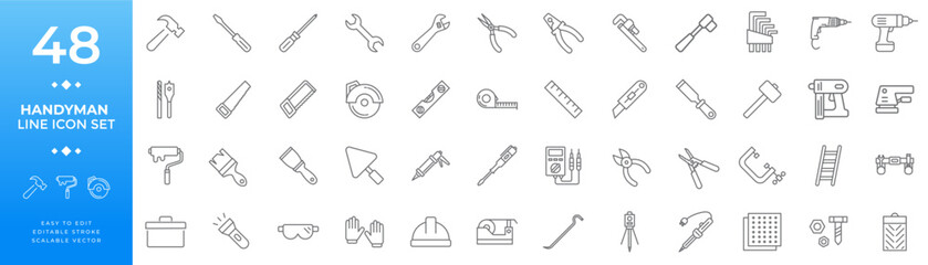 Handyman and construction tools line icon set featuring essential instruments for repair, building, renovation, and home improvement work illustrations.