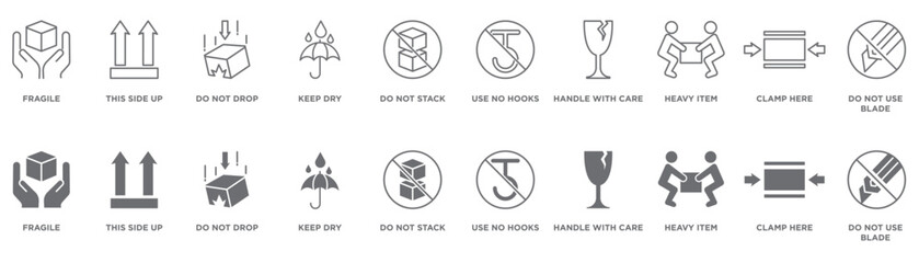 Handling and fragility warning line and filled icons for logistics, featuring essential shipping instructions and package safety symbols for careful transport.