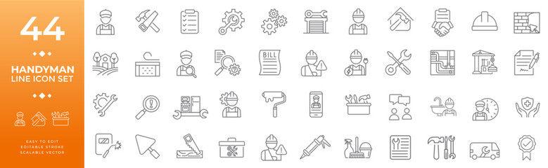 Handyman and repair service line icon set featuring professional workers, tools, home renovation tasks, building maintenance, and contractor symbols.