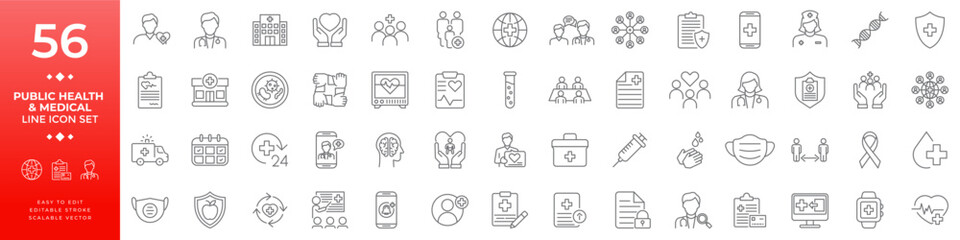 Line icon set for public health and medical services including doctors hospitals patient care diagnostics research treatment and healthcare symbols for professional applications