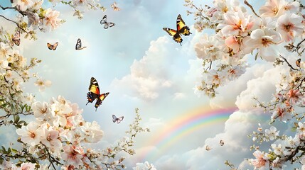 Rainbow Sky Spring Blossoms Butterflies Floral Scene