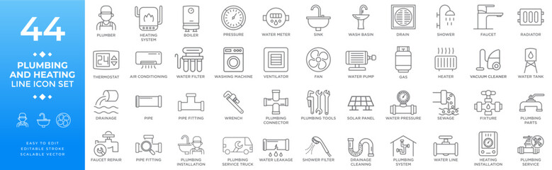 Plumbing and heating line icon set including tools fixtures appliances pipes valves wrenches boilers radiators and maintenance symbols for home repair renovation and improvement services