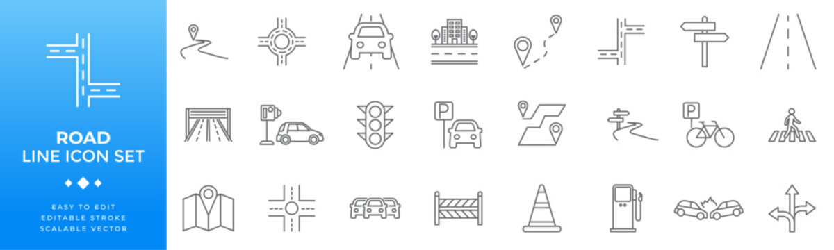 Line icon set for roads and transportation showing various road types traffic signs navigation symbols street layouts and infrastructure for urban travel and map applications