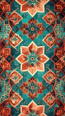 Vibrant geometric pattern featuring intricate floral designs in teal and coral
