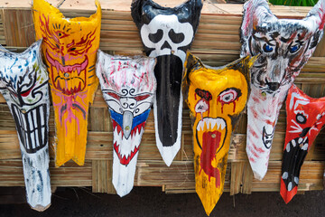 Loei, Thailand - July 01 2025  Phi Ta Khon festival Ghost mask and colorful costume Fun Traditional Tradition Very famous There are tourists around the world at Dan Sai Loei halloween of Thailand