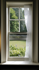Obraz premium Bright morning light filters through an open window with a view of a green garden