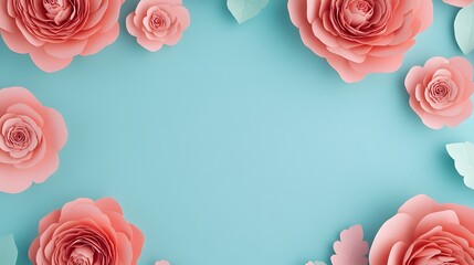 Pastel Pink Paper Flowers Blue Background Floral Design