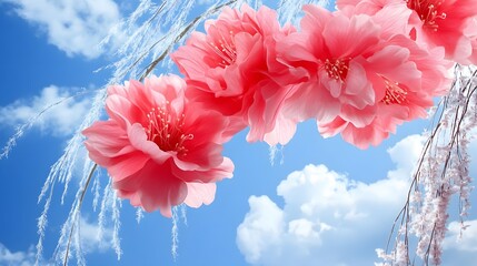 Stunning Pink Blossom Flowers Spring Sky Clouds Background