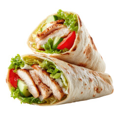Delicious Chicken wrap with tomato cucumber and lettuce isolated on transparent or white background. A high resolution PNG image of Delicious Chicken wrap with tomato cucumber and.
