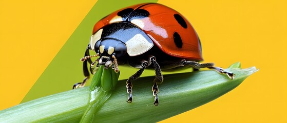 Macro Photography of Ladybug on Green Leaf Vivid Yellow Background