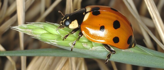 Closeup of Ladybug on Green Plant Stem, Nature Macro Photography