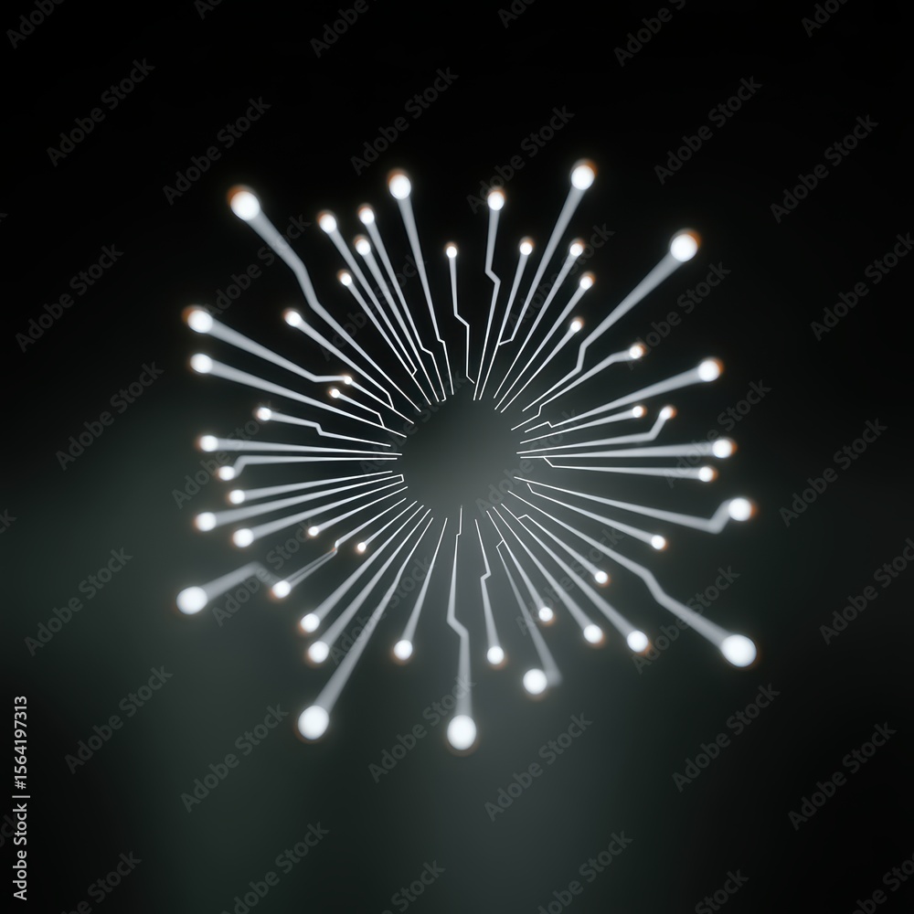 Poster abstract technology design with radiant lines and circuit patterns emanating from a central point on