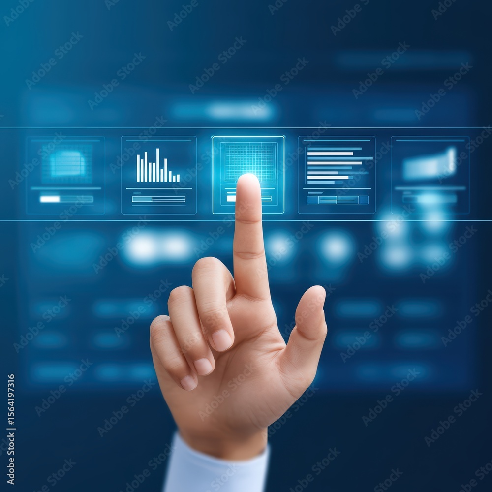 Poster hand touching digital interface with data visualization charts and business metrics on blue backgrou
