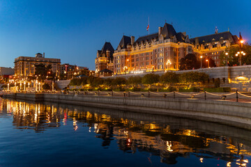 Fairmont Empress Hotel and Inner Harbour at evening in Victoria, Canada