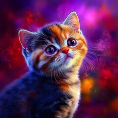 Adorable Kitten Portrait Vibrant Purple Background