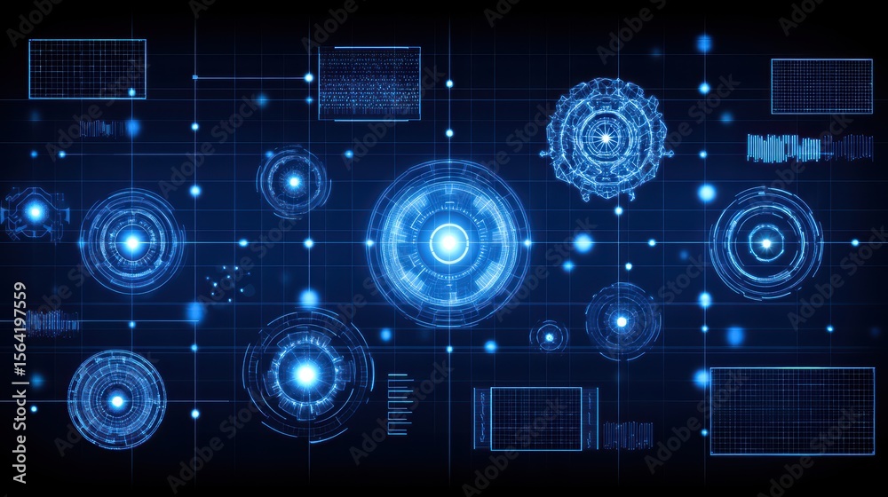Poster futuristic data visualization with circular elements and digital patterns on a blue background
