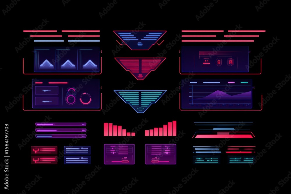 Poster futuristic user interface elements for technology and data visualization in neon colors and dark bac