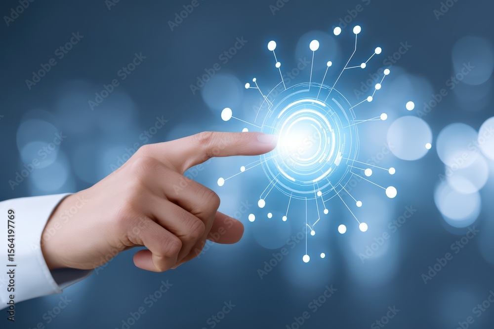 Poster hand reaching towards digital interface with circles and lines representing connection and technolog