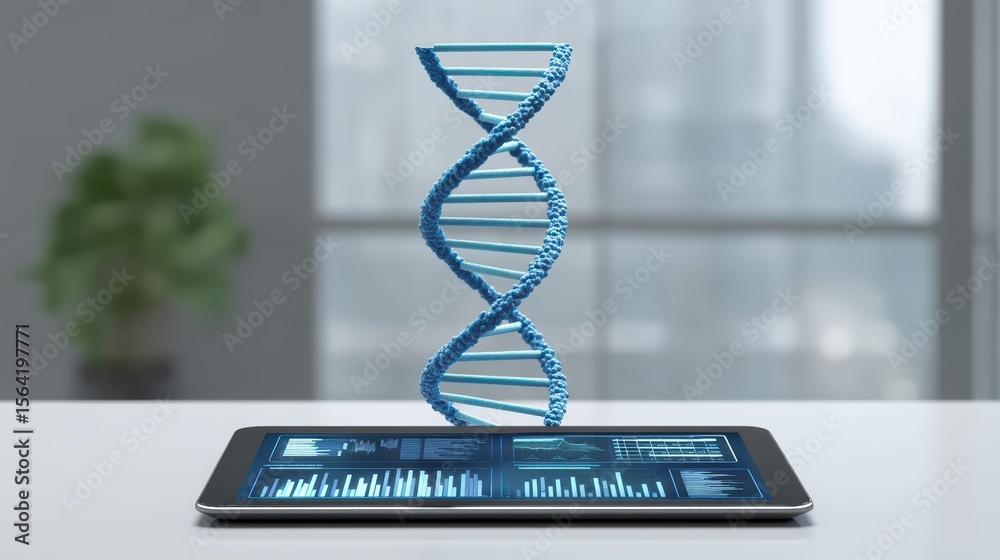 Poster digital representation of dna helix above tablet displaying genetic data analysis and biotechnologic