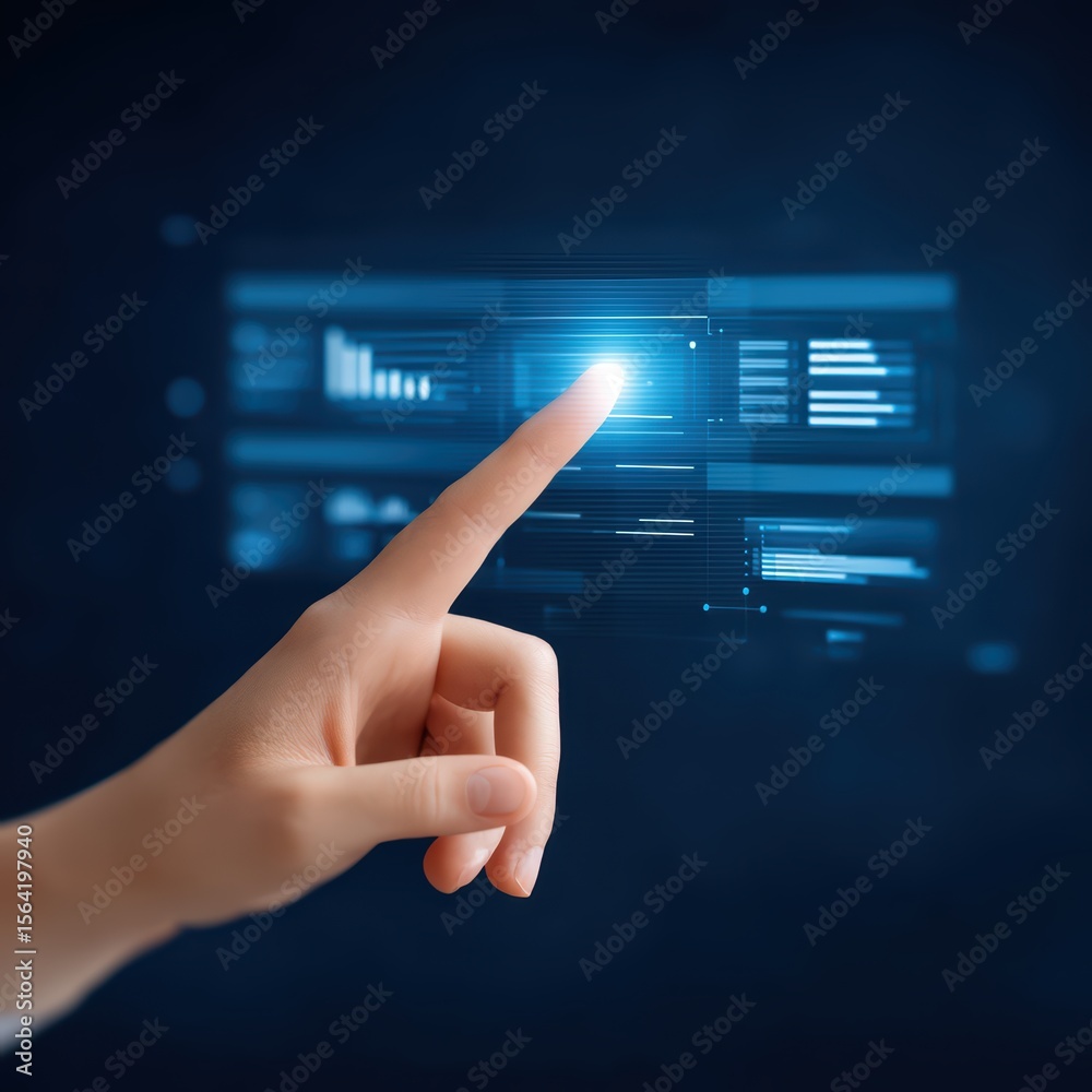 Poster hand pointing at digital interface with data and graphs representing technology and innovation in bu