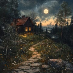 Cozy cabin at night