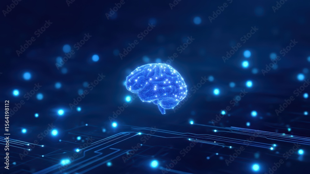 Poster futuristic digital brain concept surrounded by glowing particles and circuit patterns representing a