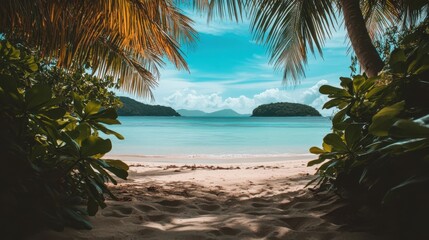 Tropical beach scene framed by lush foliage.