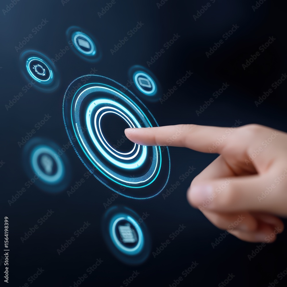 Poster futuristic digital interface with interactive touch gestures and technology icons displayed on a dar