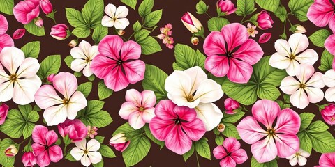 Seamless geranium floral border pattern Pink, green, white blooms & leaves, wave design Ideal for fabric, paper, wallpaper, retro, blossom