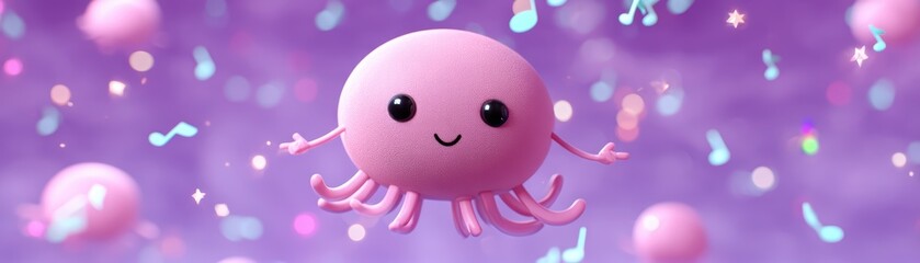 Obraz premium Cute pink cartoon jellyfish floating joyfully with musical notes in a whimsical underwater scene full of colors and cheerfulness