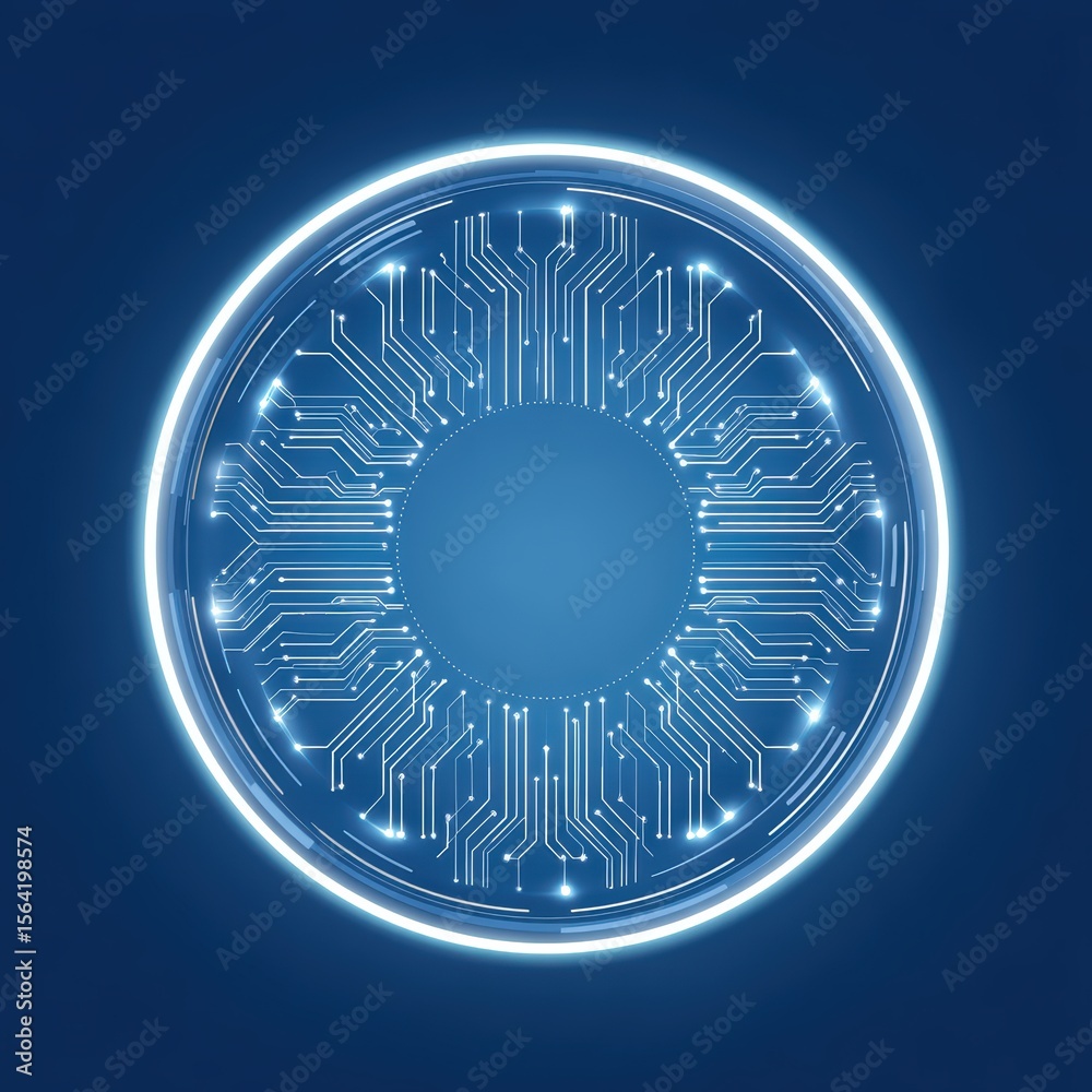 Poster abstract technology background with circular pattern and glowing circuit design on blue canvas