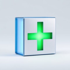 Obraz premium Modern medical symbol with glowing green cross in a blue and silver cube, representing healthcare and emergency services