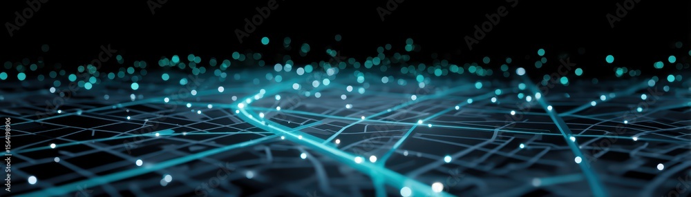 Poster digital map with glowing points representing connections and navigation in a futuristic urban enviro