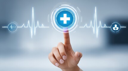Obraz premium Hand Interacting with Digital Health Interface Featuring Health Symbols and Medical Icons