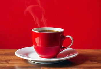 Fototapeta premium Red coffee cup steaming, on saucer atop white plate against red wall, image, beverage