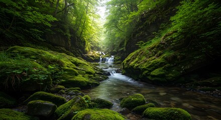 Fototapeta premium Emerald Stream: Mossy Rocks and Forest Cascade