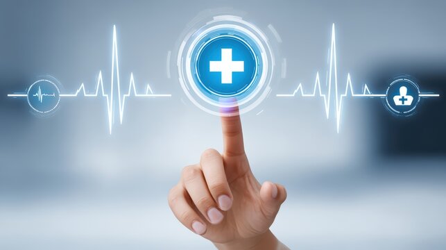 Hand Interacting with Digital Health Interface Featuring Health Symbols and Medical Icons - Powered by Adobe