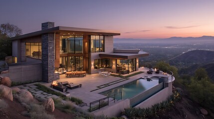 Fototapeta premium Architectural marvel of a modern home perched atop a scenic mountain landscape