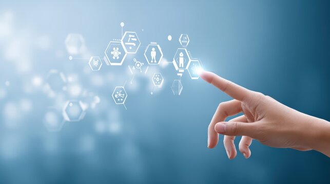 Futuristic Hand Reaching Towards Digital Interface with Technology Icons and Symbols in Soft Blue Background