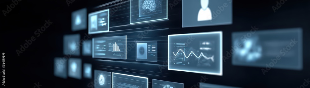 Poster futuristic data dashboard with digital panels and floating information displays for analytics visual