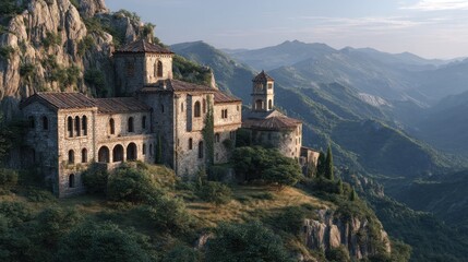 Obraz premium Mountaintop Monastery: A Serene Stone Haven in Verdant Hills