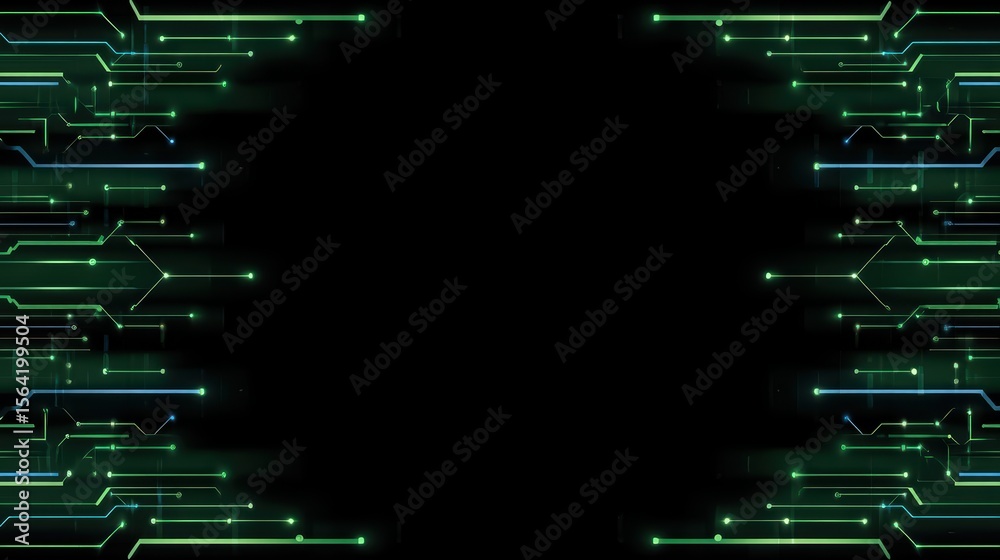 Poster futuristic digital abstract background with neon green circuit patterns and black center space for t