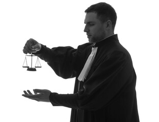 Silhouette of male judge with justice scales on white background