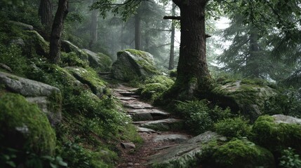 Obraz premium Misty Forest Path: A Stone Stairway Through Mossy Rocks and Ancient Trees