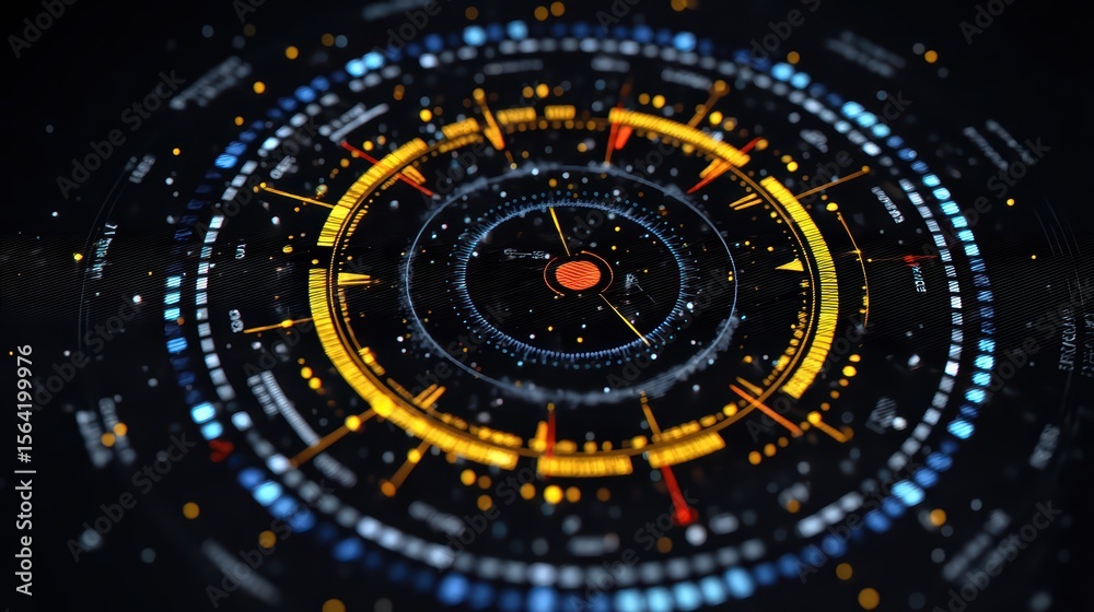 Poster futuristic data visualization with circular graphs and bright color indicators on dark background