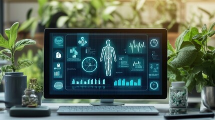 A computer screen displaying digital health data and a human skeleton model on a desk surrounded by plants and supplements in a bright room.