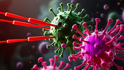 Hollywood-style battle scene (16:9): A cytotoxic T cell (armored in green) fires perforin (red missiles) at a cancer cell (mutated purple), with apoptotic bodies exploding. Cinematic lighting.