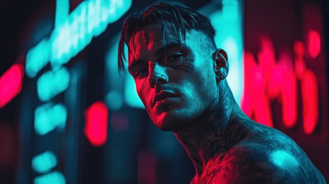 Stylish man with tattoos in neon light