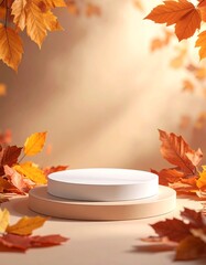 Autumn presentation A white display platform surrounded by fall foliage